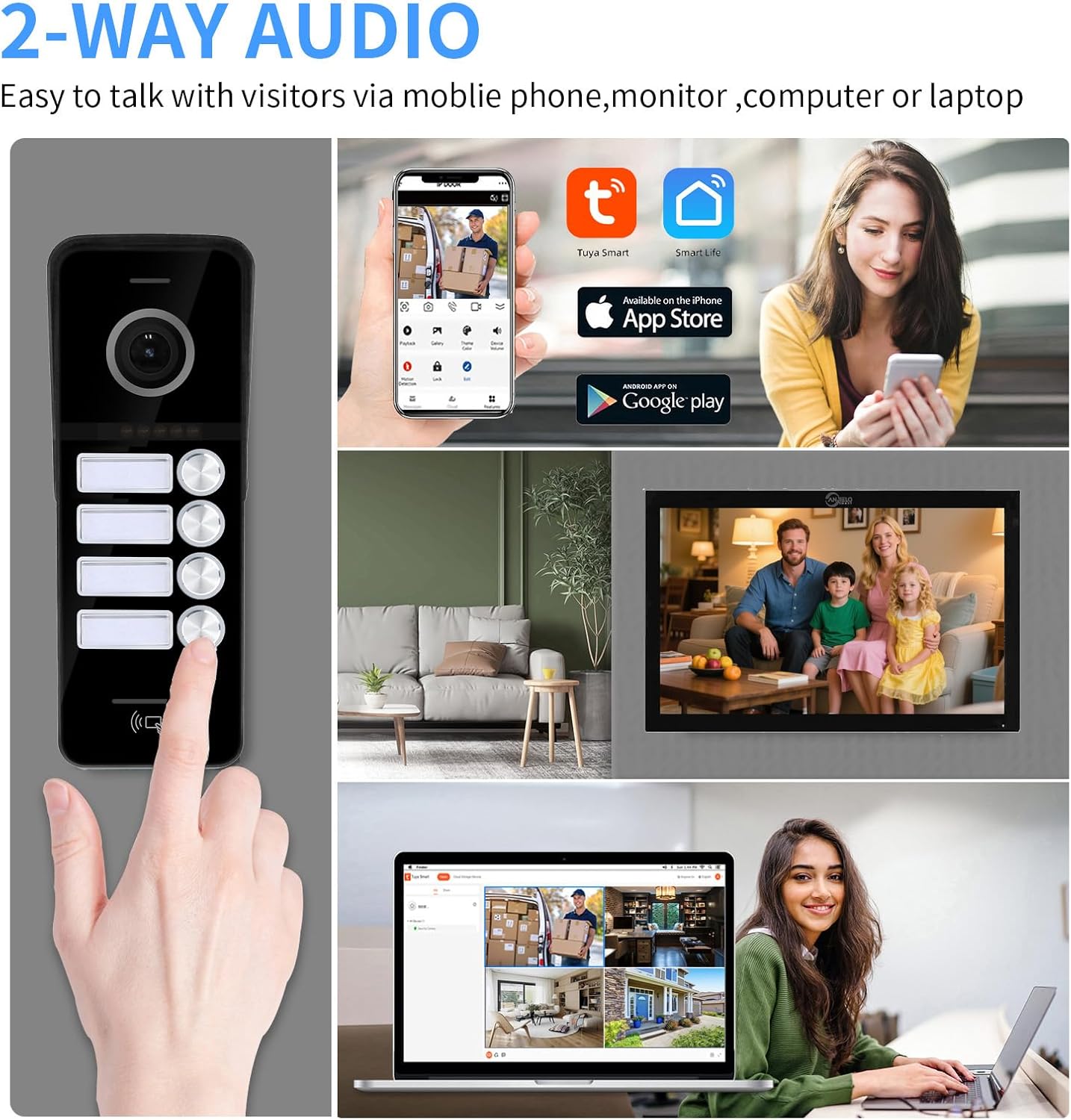 ANJIELO SMART Wired Video Doorbell Apartment Intercom System,4 Family Units 10 Inch Touch Monitor,3 in 1 Unlocking,Dual Way Intercom Motion Detection Tuya for Villa Home (1 Doorbell(b)+ 4 Monitor(b))