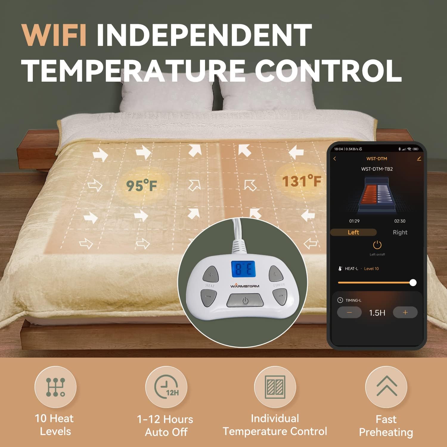 Warm Storm Wi-Fi Wireless Electric Blanket Queen Size 84x90 Inch Flannel & Sherpa with Controller, Smartphone Connection(2.4Ghz), 10 Heating Levels 12 Hours Timer, Machine Washable, Beige