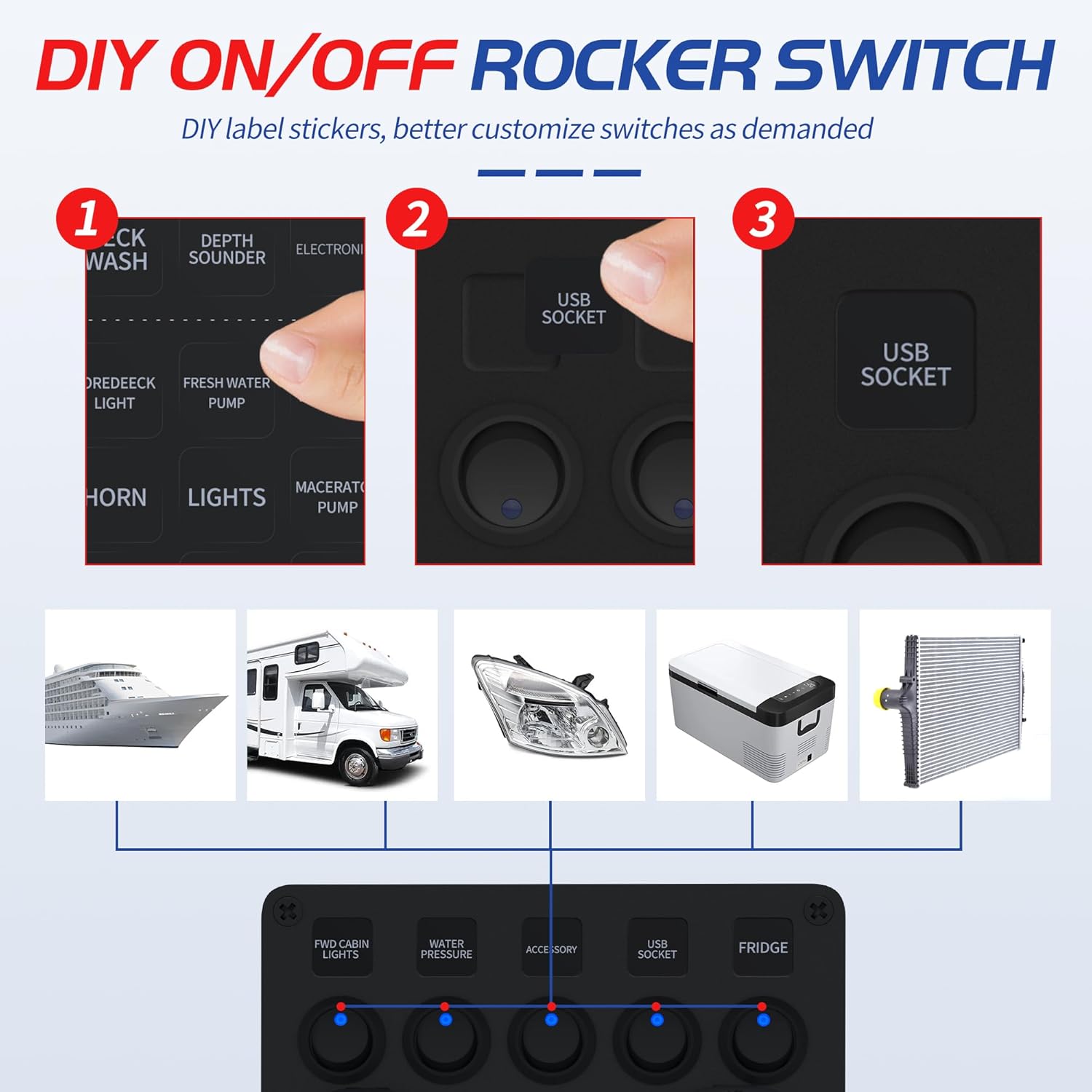 5 Gang Rocker Switch Panel UL Listed 12 Volt ON-Off Switch Panel Blue LED with Inline Fuse & 4.8A USB Charger Socket & Digital Voltmeter & 12V Cigarette Lighter Socket for Marine Boat Car