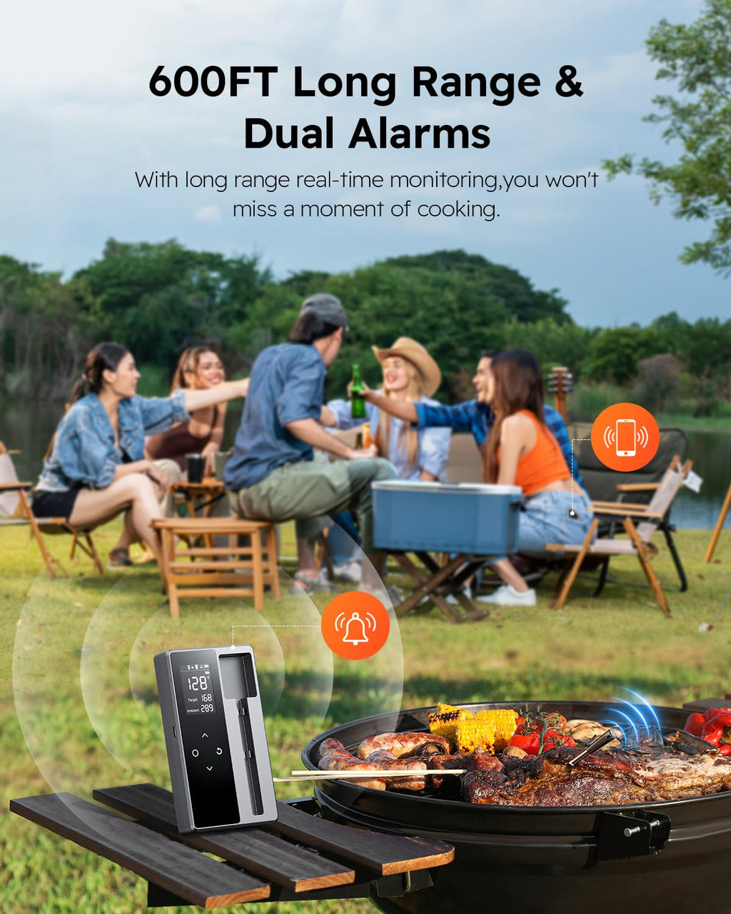 Smart Wireless Meat Thermometer with Ultra-Thin Probe, Digital Food Thermometer 0.5S Instant Read, 600FT Bluetooth Range Real-Time Monitoring & Smart Alerts for BBQ, Grill, Smoker, Oven, Air Fryer