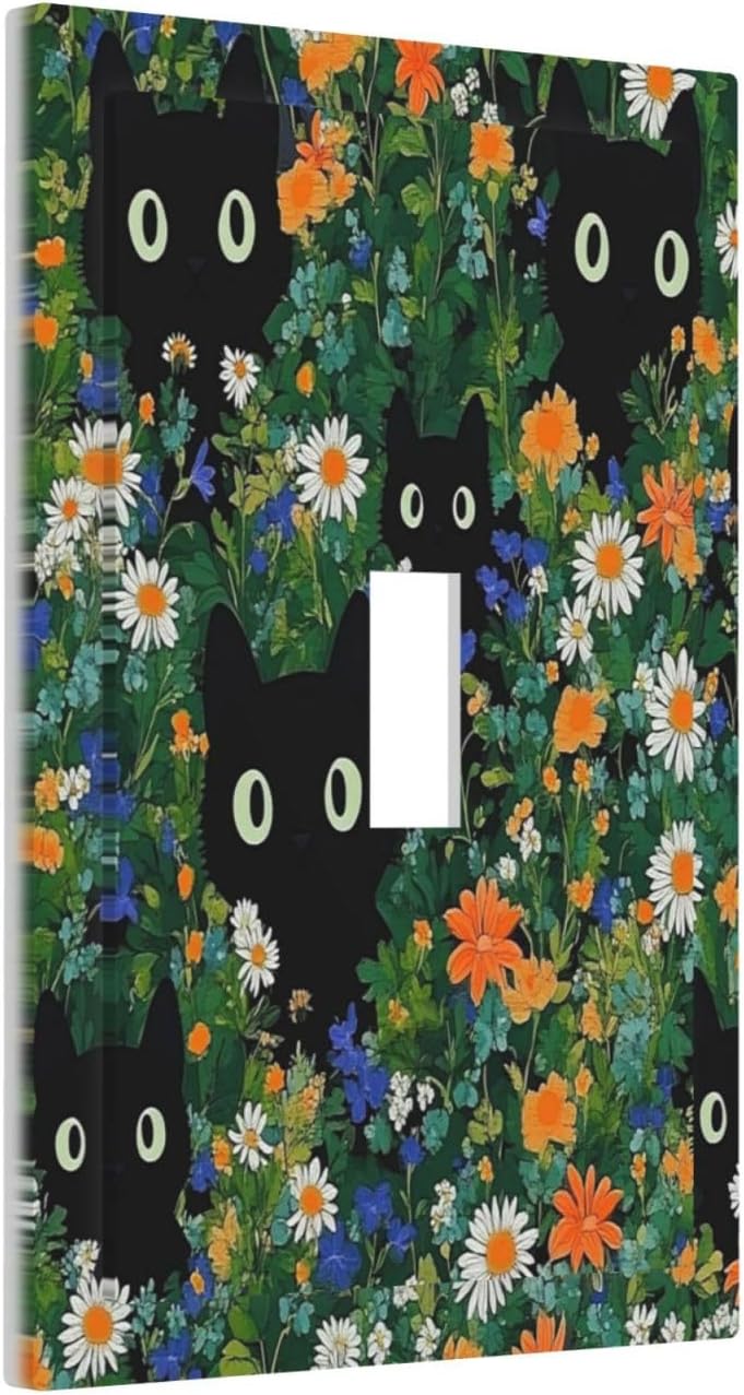 Boho Funny Black Cute Cats Daisy Wildflower Decorative Light Switch Cover 1 Gang Single Toggle Device Electrical Faceplate Switchplates Decorator Outlet Wall Plate For Kids Room Bed Room Decor