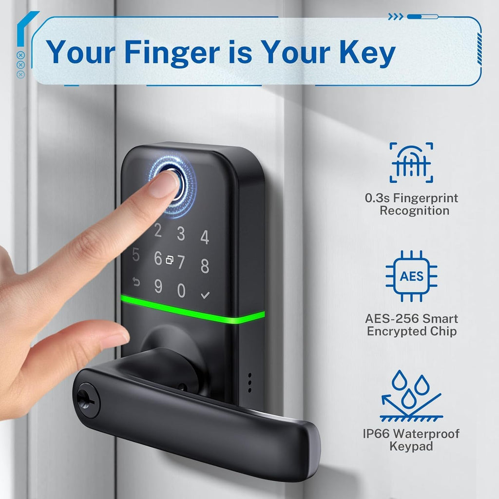 Keypad Smart Door Lock with Handle: Kucacci Keyless Entry Fingerprint Lock - Digital Code Handle with Keypad - Electronic Smart Knob for Front Door - Deadbolt Alternative with App - Easy Installation