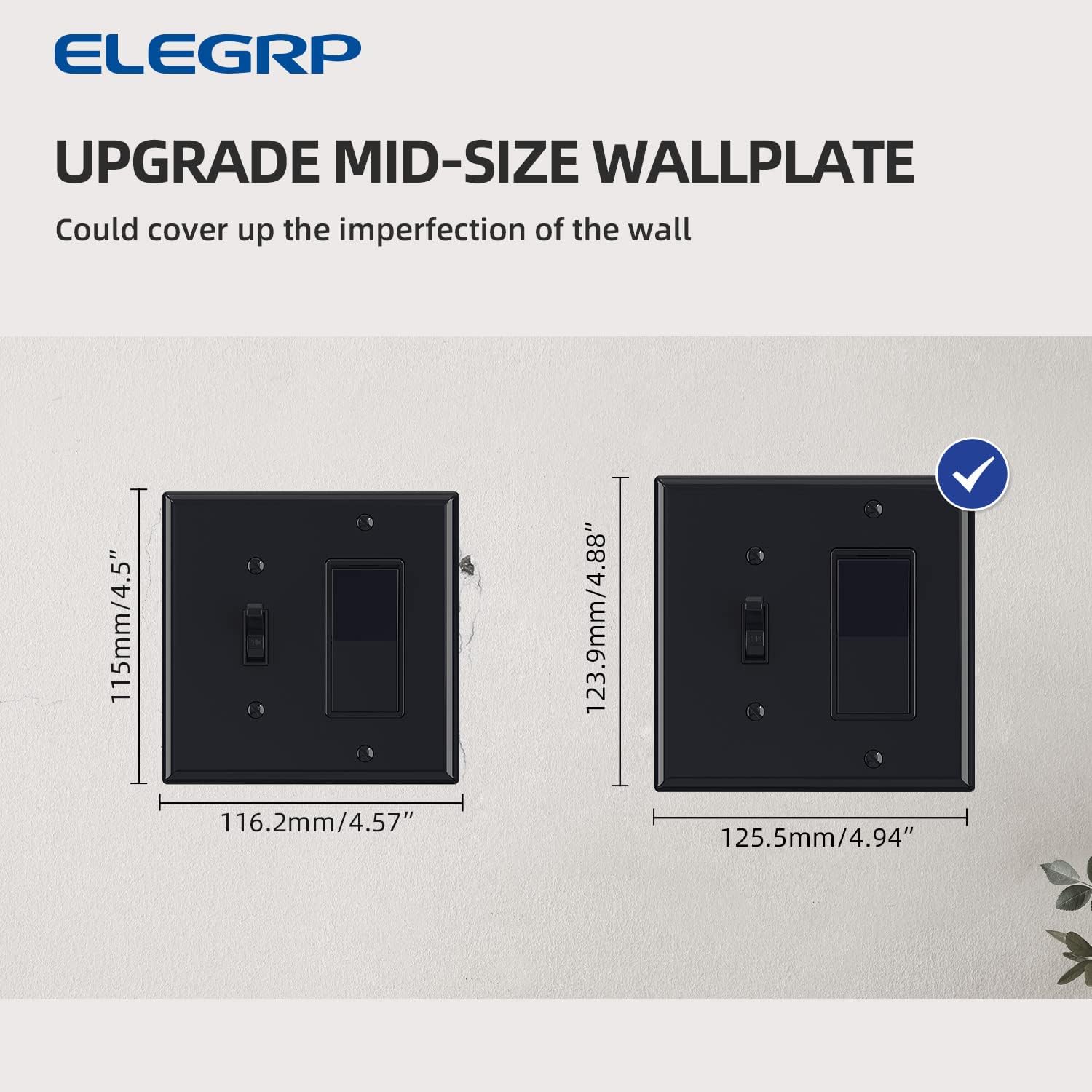 Combination Wall Plate ELEGRP 2-Gang 1-Toggle Light Switch 1-Decorator/GFCI Device Combination Wall Plates, Mid-Size 4.88" x 4.94" Unbreakable Thermoplastic Faceplate Cover, UL (2 Pack, Glossy Black)