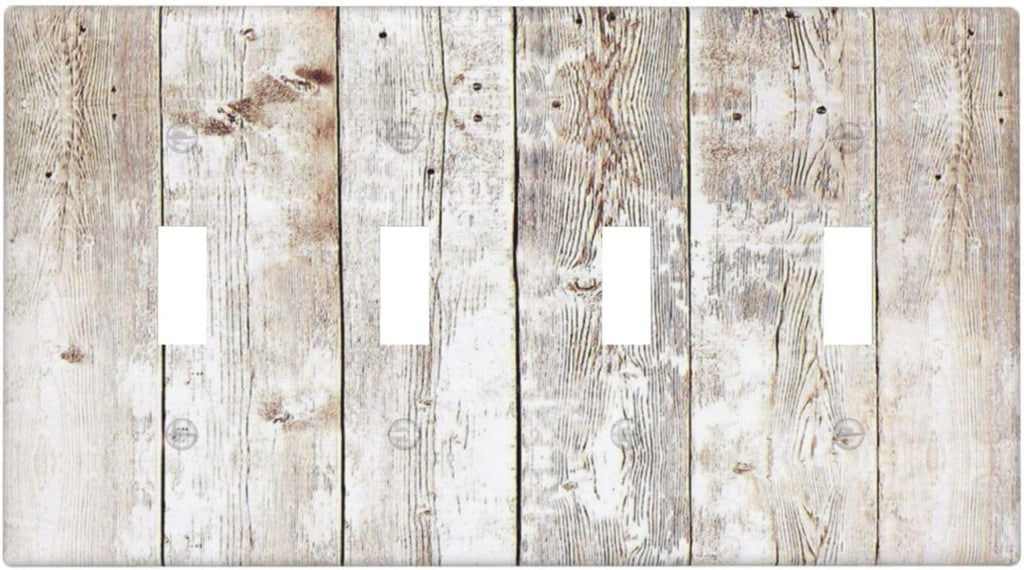 Vintage Light Wood Retro Rustic White Gray Oak Print Light Switch Covers Quad Toggle Electrical Faceplate 4 Gang Wall Plate Decorative Switch Plates Cover for Farmhouse Home Decor