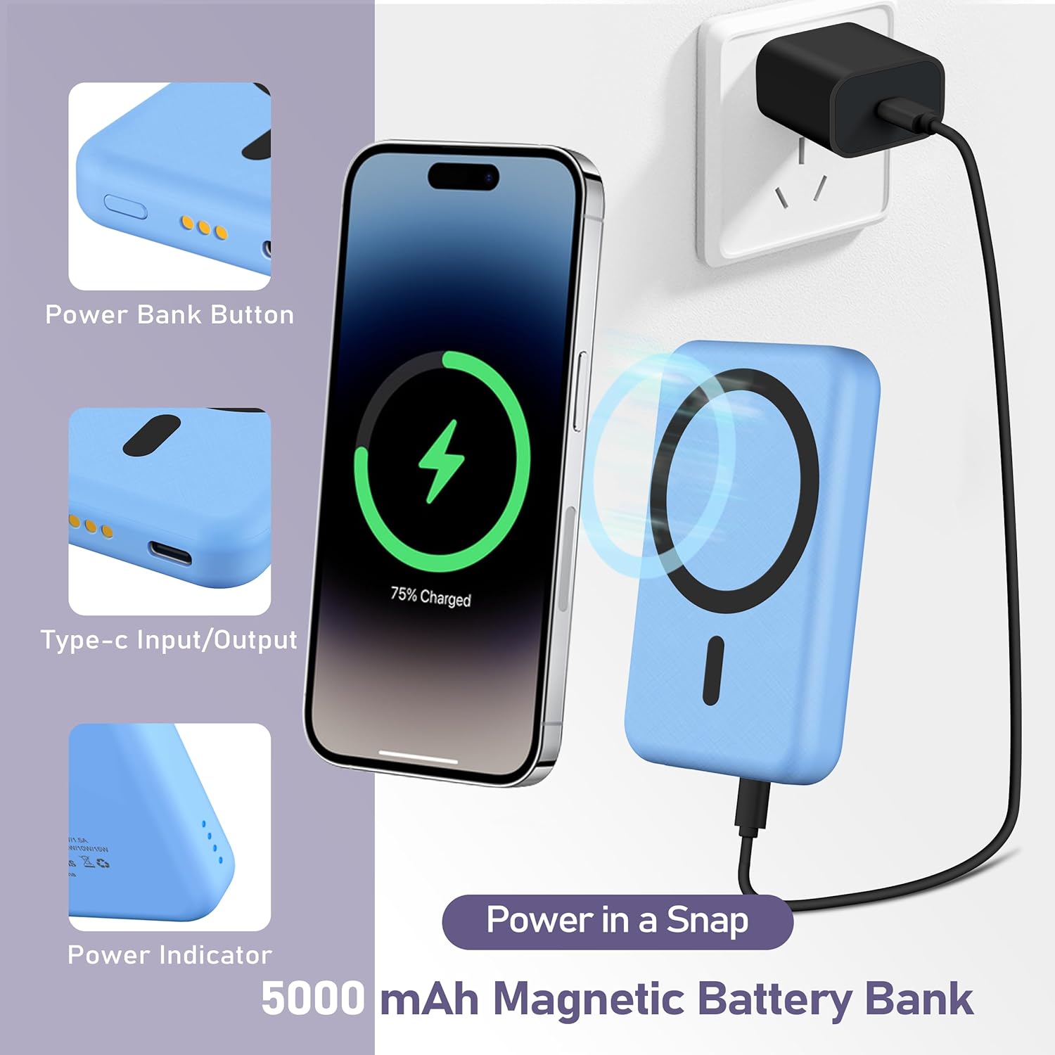 3 in 1 Wireless Charging Station: 5000mAh Removable Power Bank Charger Stand for Phone/Watch/Air Pods - Portable Magnetic Battery Pack for Air 17 16 15 14 13 12 Series Blue