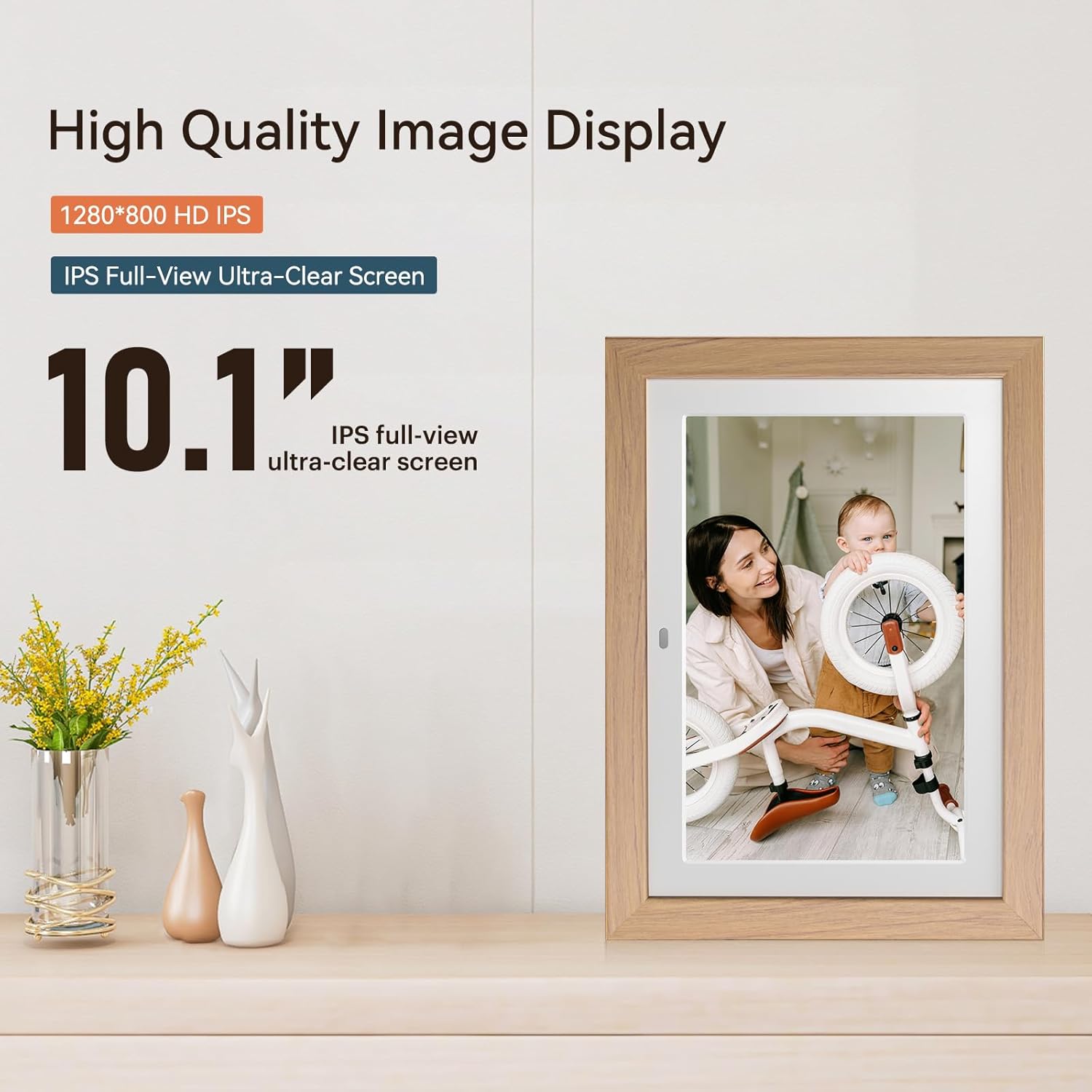 10.1" Digital Picture Frame with Remote Control, 1280 * 800 IPS Full View Ultra Clear Screen, Removable Wooden Frame, Share Videos Photos Send Wishes Auto-Rotate Slideshow Non-WiFi