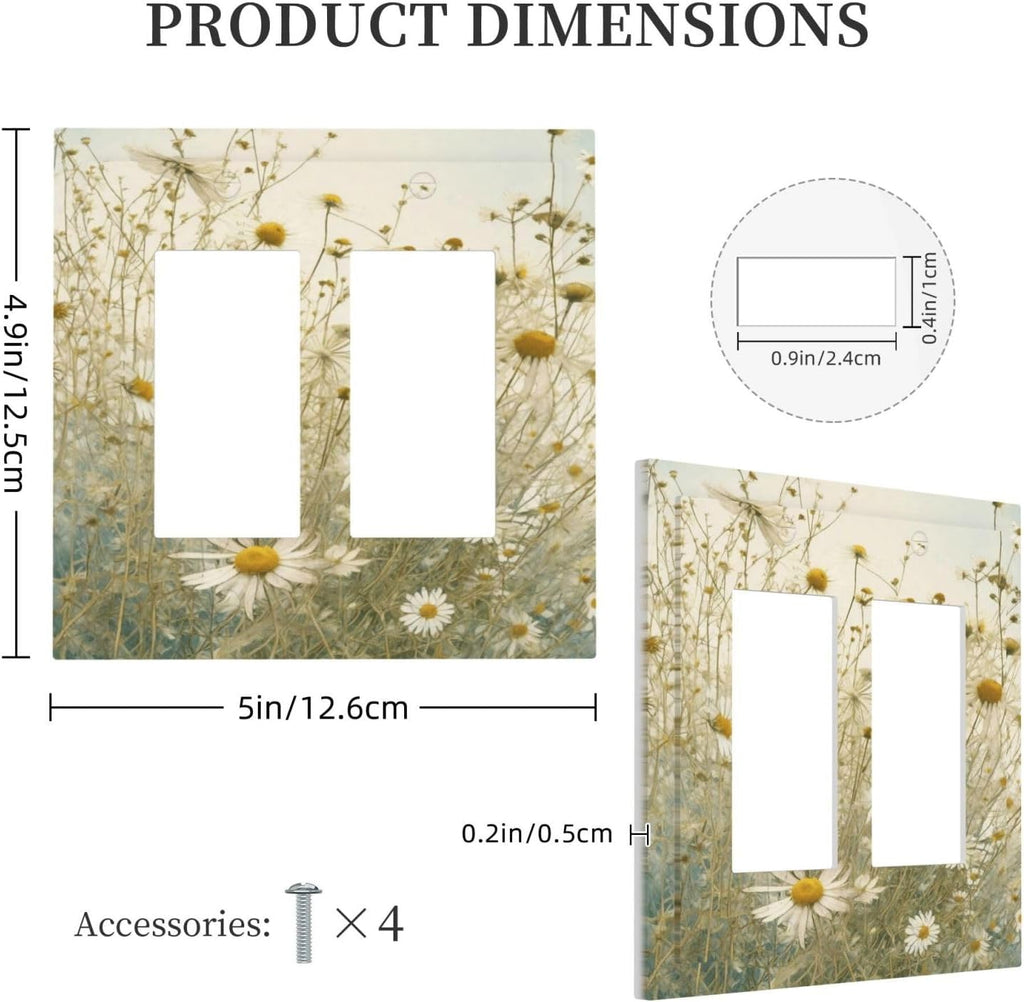 White Wildflowers Daisy Vintage Floral Decorative Outlet Covers 2 Gang Double GFCI Rocker Electrical Wall Panels Light Switch Cover Plate for Bed Room Living Room Decor