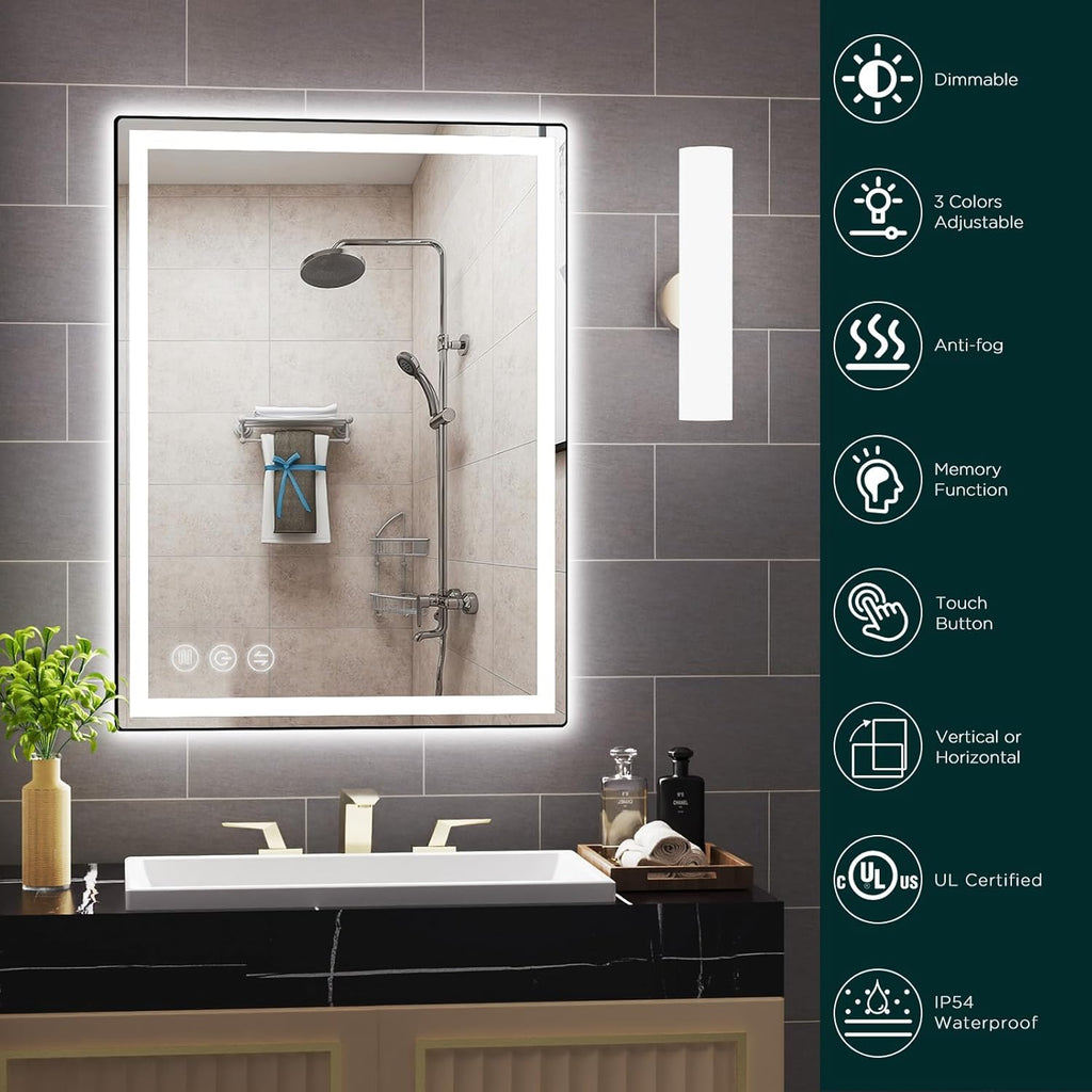 LED Bathroom Mirror 24"x 32" with Stepless Dimmable Wall Mirrors with Anti-Fog, Dimmable CRI>90, Vanity Mirror with 3 Color Modes, Shatter-Proof, Memory Bathroom Mirror with LED Lights