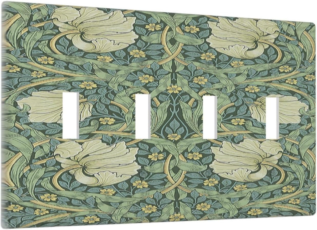 Light Switch Covers Vintage Floral Plant Sage Green William Morris Quad Toggle 4 Gang Wall Plate Electrical Faceplate Decorative Switch Plates for Bedroom Home Decor