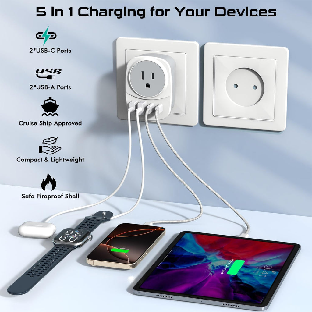 European Travel Plug Adapter,Universal Travel International Power Adapter 2 USBC Port and 2 USBA Port,Fast Charging USB C-C Woven Cable,USB C Power Plug for US to Europe Adapters for Multiple Devices