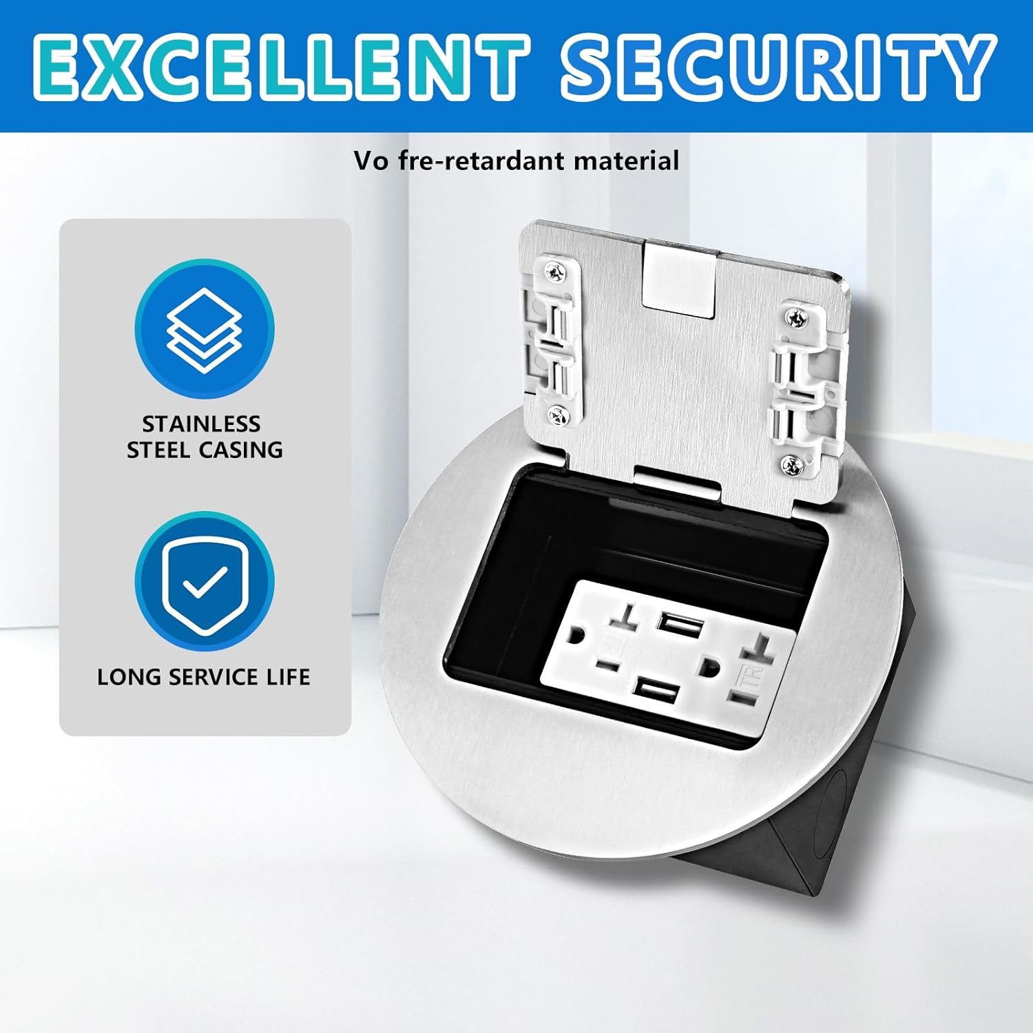 KYHSHJ Recessed Circular Floor Socket Kit with 2 * 20A Receptacle，4.8A*2 USB-A Ports ，Corrosive Resistant Hardware,Silver
