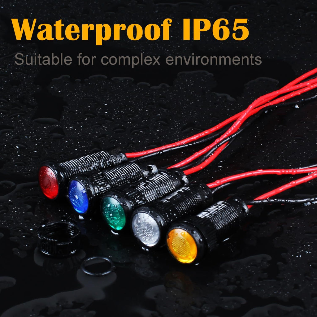 5pcs 10mm LED Indicator Light Plastic Black Signal Dot Lamp 110-220VAC 2/5" Mounting Hole Size with 15cm/5.9in. Wire (Yellow LED)