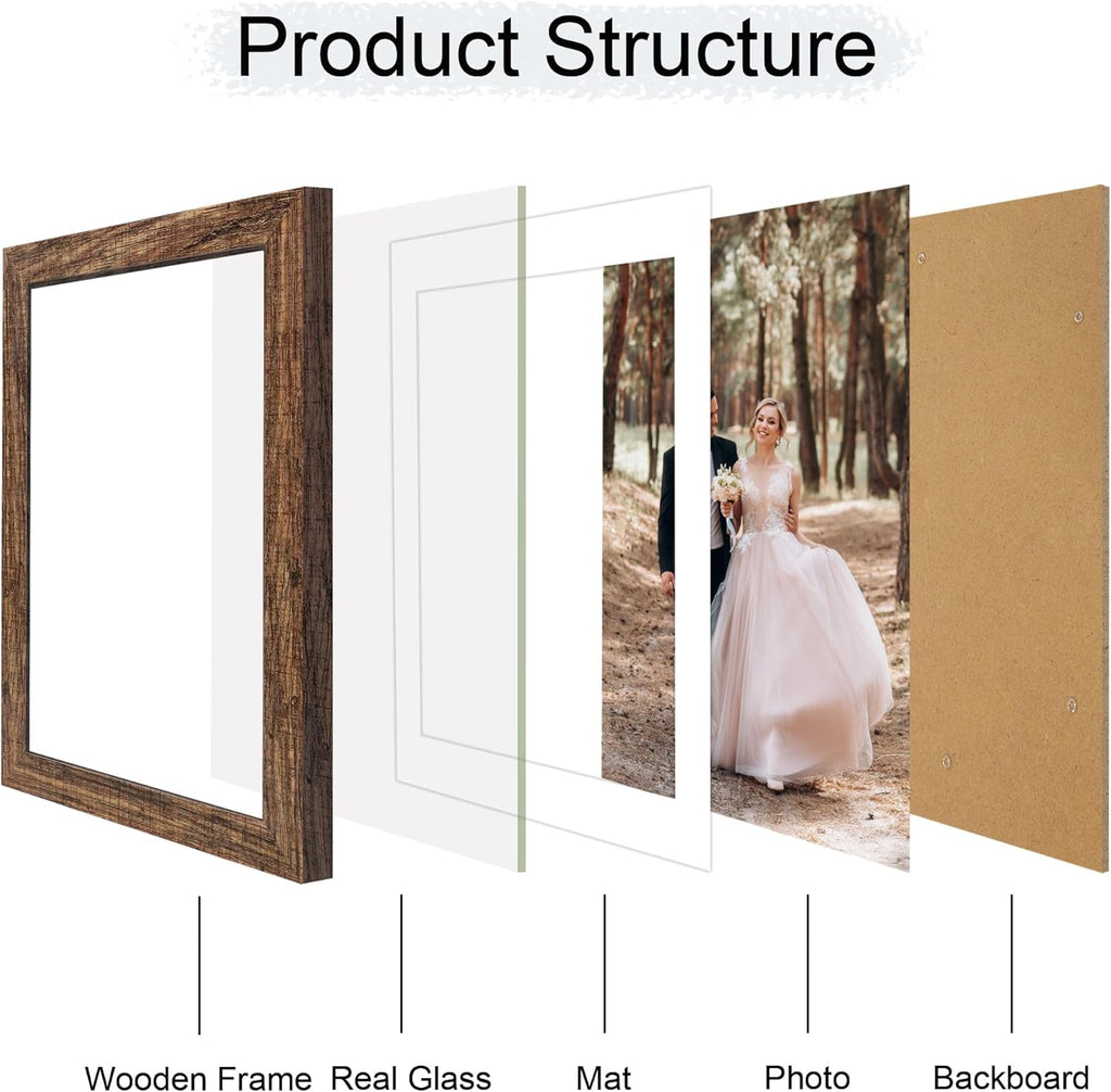 iRahmen 8x12 Picture Frame Set of 4 with High Definition Real Glass, Display 6x8 Pictures with Mat or 8 x 12 Without Mat, Rustic Wood Photo Frames for Tabletop and Wall Mounting
