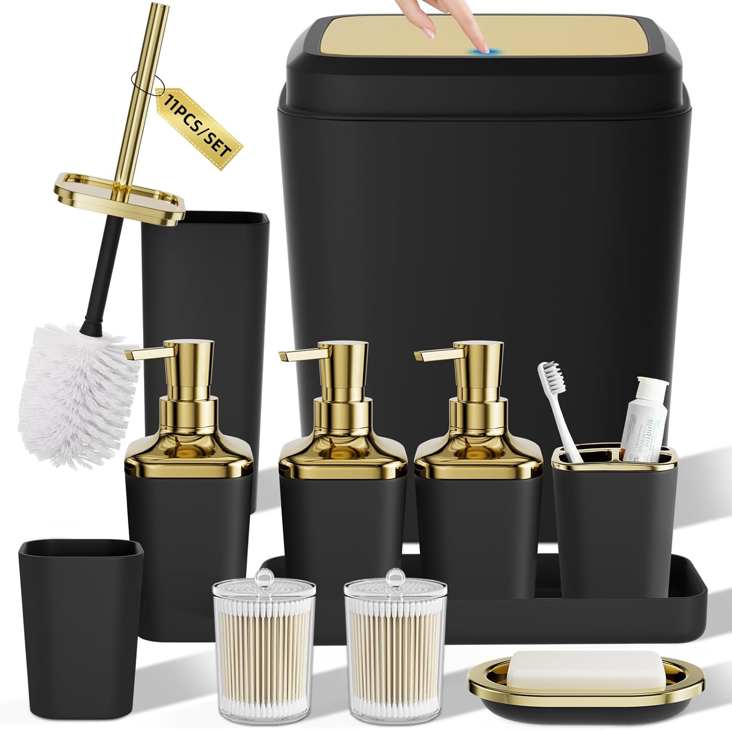 Bathroom Accessory Set, 11PC Bathroom Set, Black Bathroom Accessories, Bathroom Accessories Set with Trash Can, 3PC Soap Dispensers and Toilet Brush