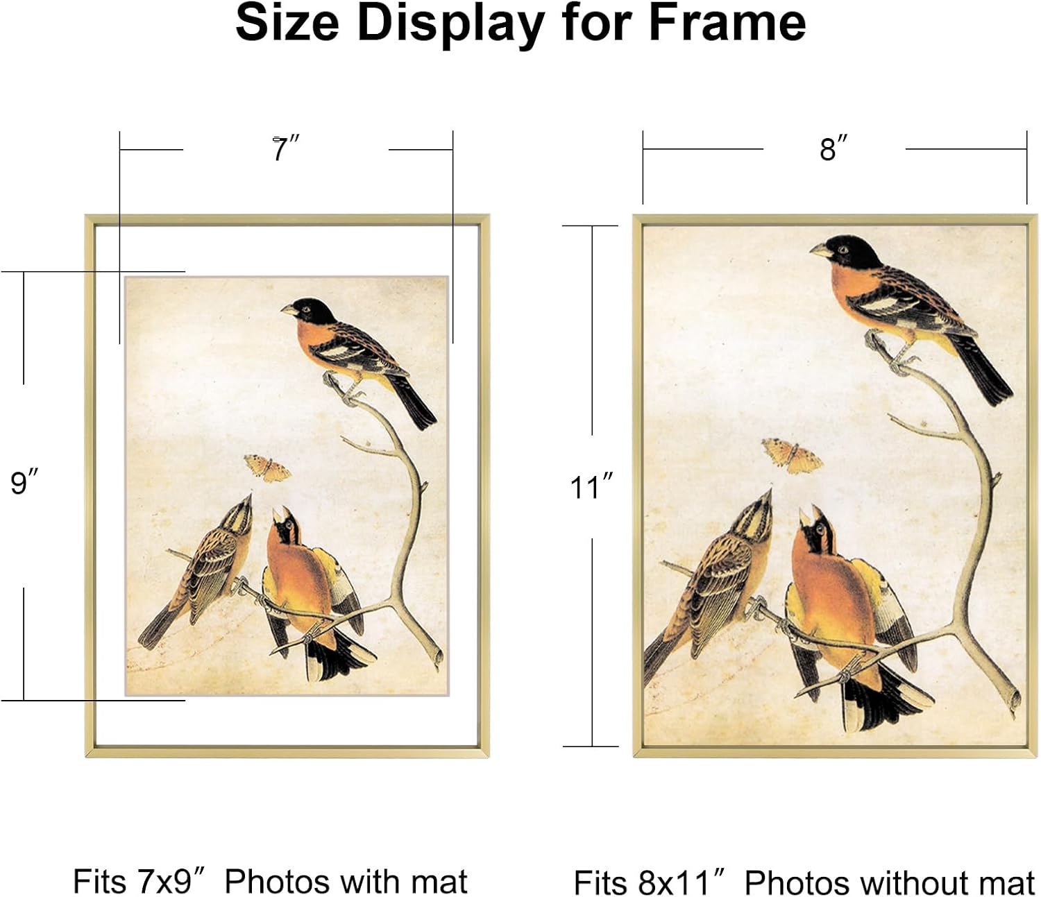 8x11 Picture Frame, Brass Aluminum Metal Photo Frames with HD Glass, Fits 7x9 with Mat or 8 x 11 without Mat, Display for Wall and Table