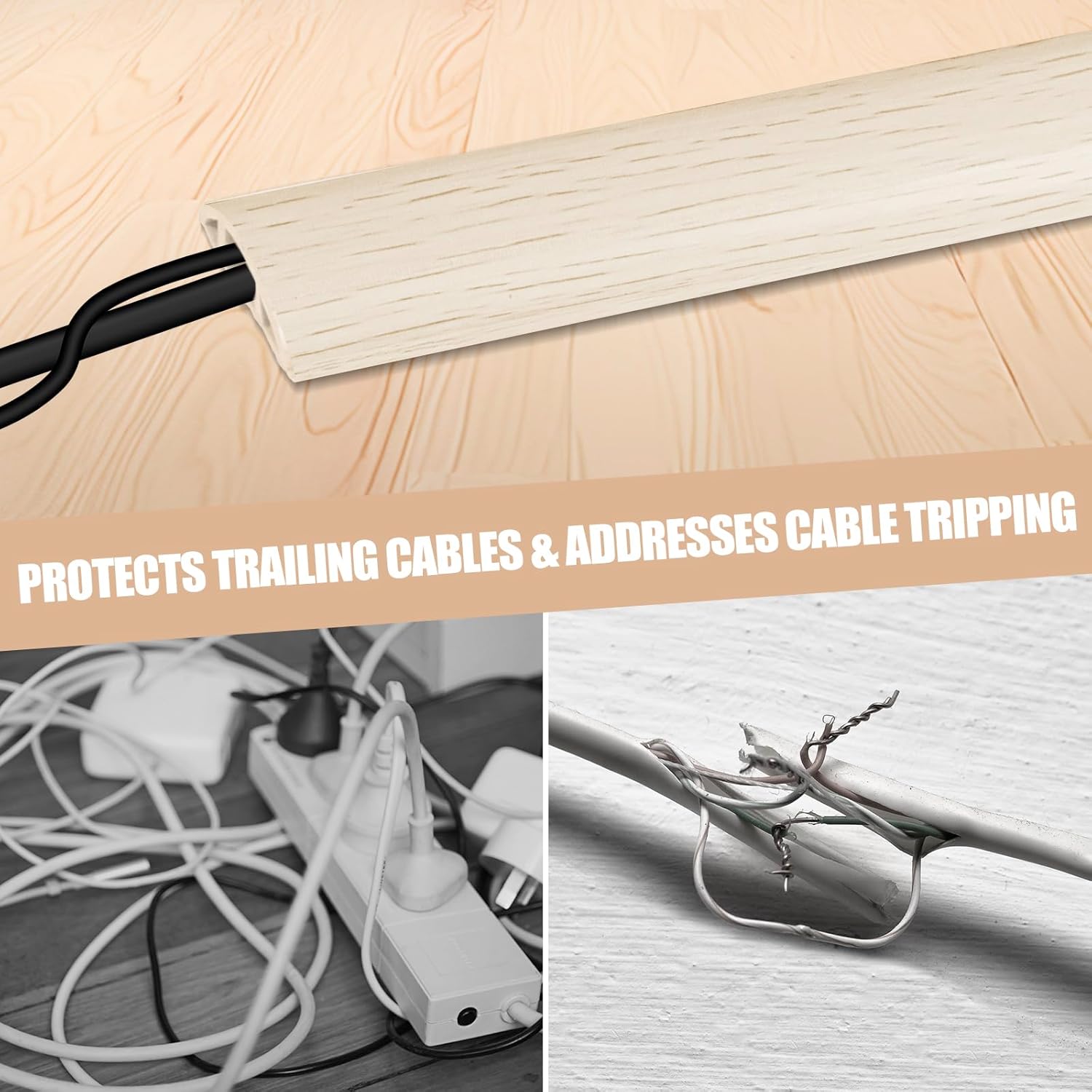 Floor Cord Cover Cavity 0.8"x0.37" Self Adhesive Cord Hider, 3.3FT Low Profile Cable Management, Extension Strip Protector for Wires, Prevent Cable Trips for Offices, Gyms, Exhibitions (Yellow Wood)