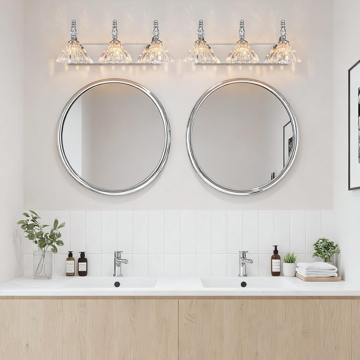 Vintage Bathroom Vanity Light, 3-Light Chrome Vanity Lighting Fixture with Flower Glass Shade, Bathroom Lighting Fixtures Over Mirror