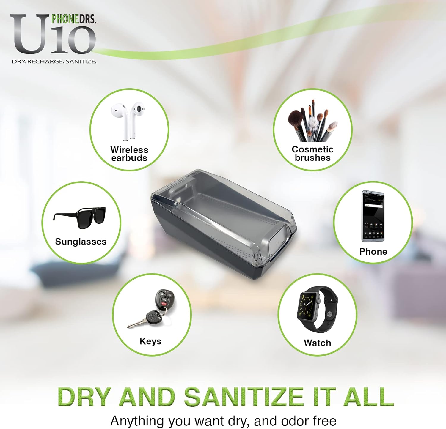 U10 UV-C Cell Phone Sanitizer with Dryer and Charger | Cleans, Dries and Charges All Phones