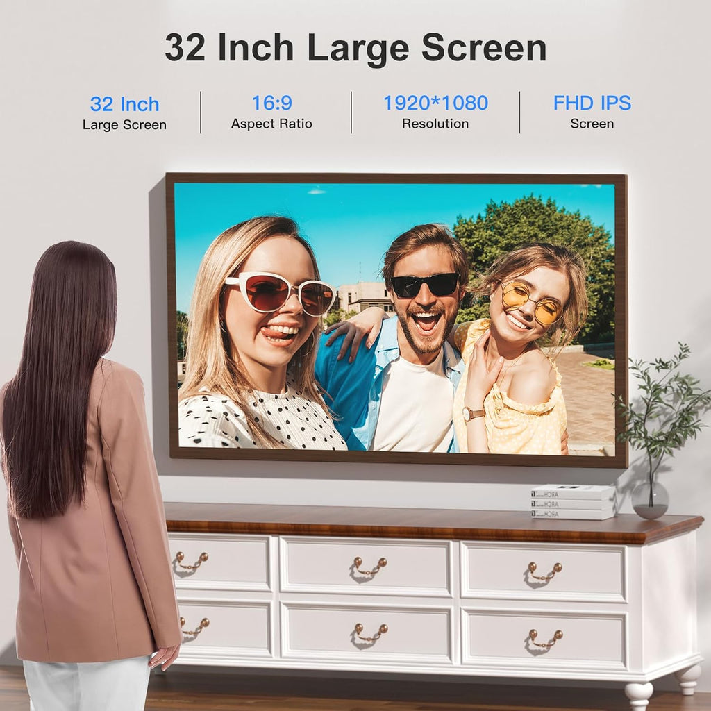 Large Digital Picture Frame 32-Inch-WiFi-Photo-Frame - FHD IPS Digital Frame, Remote Control, Auto-Rotate, Load Photo Video from Phone via APP Email, Free Cloud Storage, Dark Wood Grain, Gifts for Mom