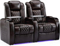 Weilianda Home Theater Seating Top Grain Leather Zero Gravity Recliner Chair Power Headrest Recline Movie Seat Gaming 7 Colors Mood Light Sofa with Tray Table USB Charge Row of 2 Brown