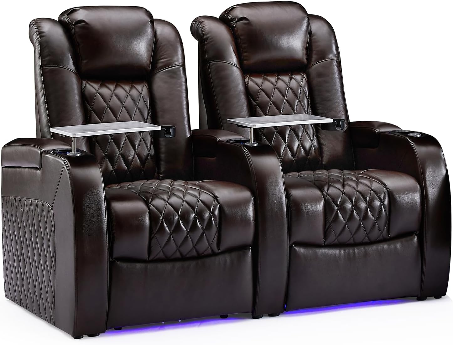 Weilianda Home Theater Seating Top Grain Leather Zero Gravity Recliner Chair Power Headrest Recline Movie Seat Gaming 7 Colors Mood Light Sofa with Tray Table USB Charge Row of 2 Brown