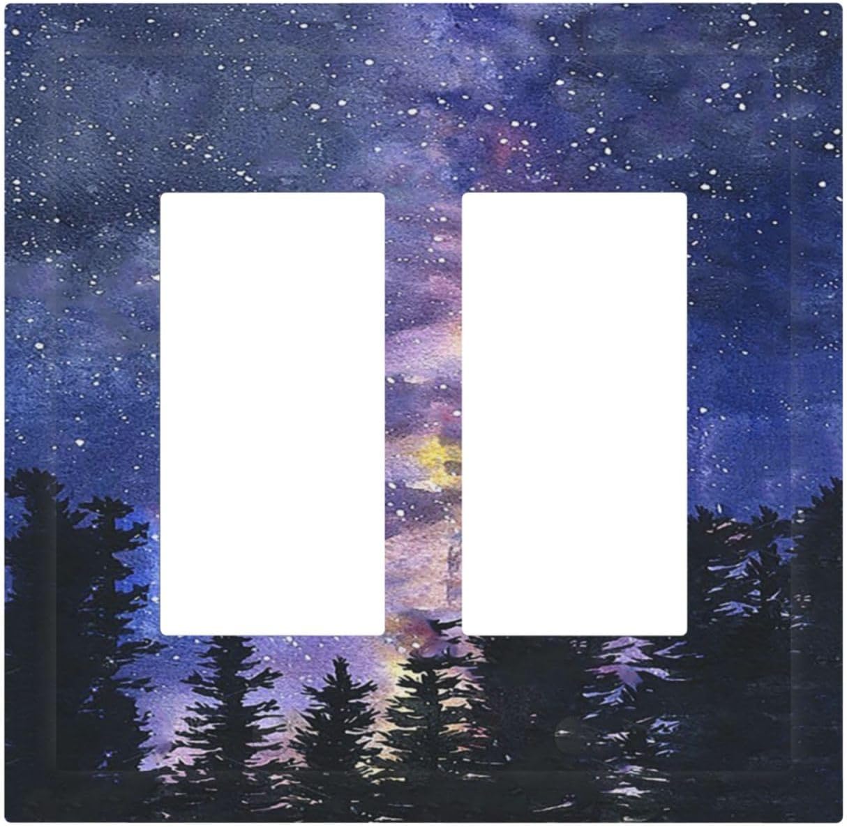 Decorative Outlet Covers Dream Milky Way Starry Forest Pine Watercolor Painting 2 Gang Double GFCI Rocker Electrical Wall Panels Light Switch Cover Plate for Bedroom Home Decor