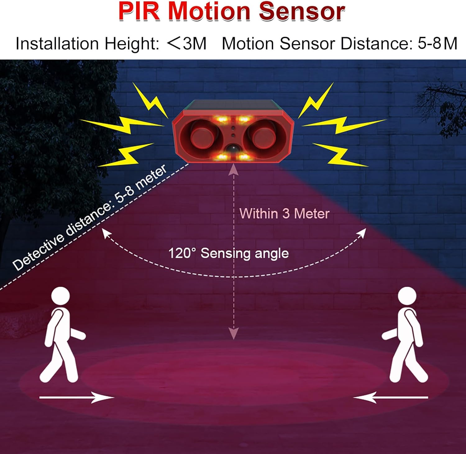 Solar Sound & Strobe Light Alarm Motion Sensor Siren, 13 Sounds & Recording, Dual Speaker 130dB Dog Barking Loud Noise Maker, Security Alert System for Home Farm Barn Villa Orchard (1 Pack)