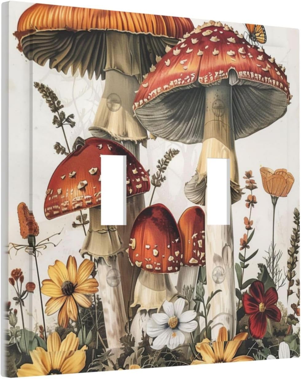 Decorative Switch Plates Mushroom Forest Butterfly Wild Flower 2 Gang Double Toggle Outlet Light Switch Cover Wall Plate Electrical Faceplate For Bed Room Living Room Decor