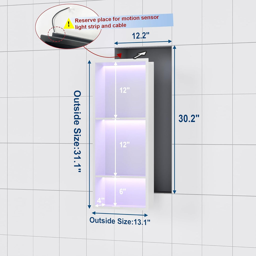 Stainless Steel Shower Niche 12" X 30", No Tile Needed Wall Niche with RGB Led Light, Recessed Shower Shelf for Bathroom Storage Over Mount Installation, Matte White