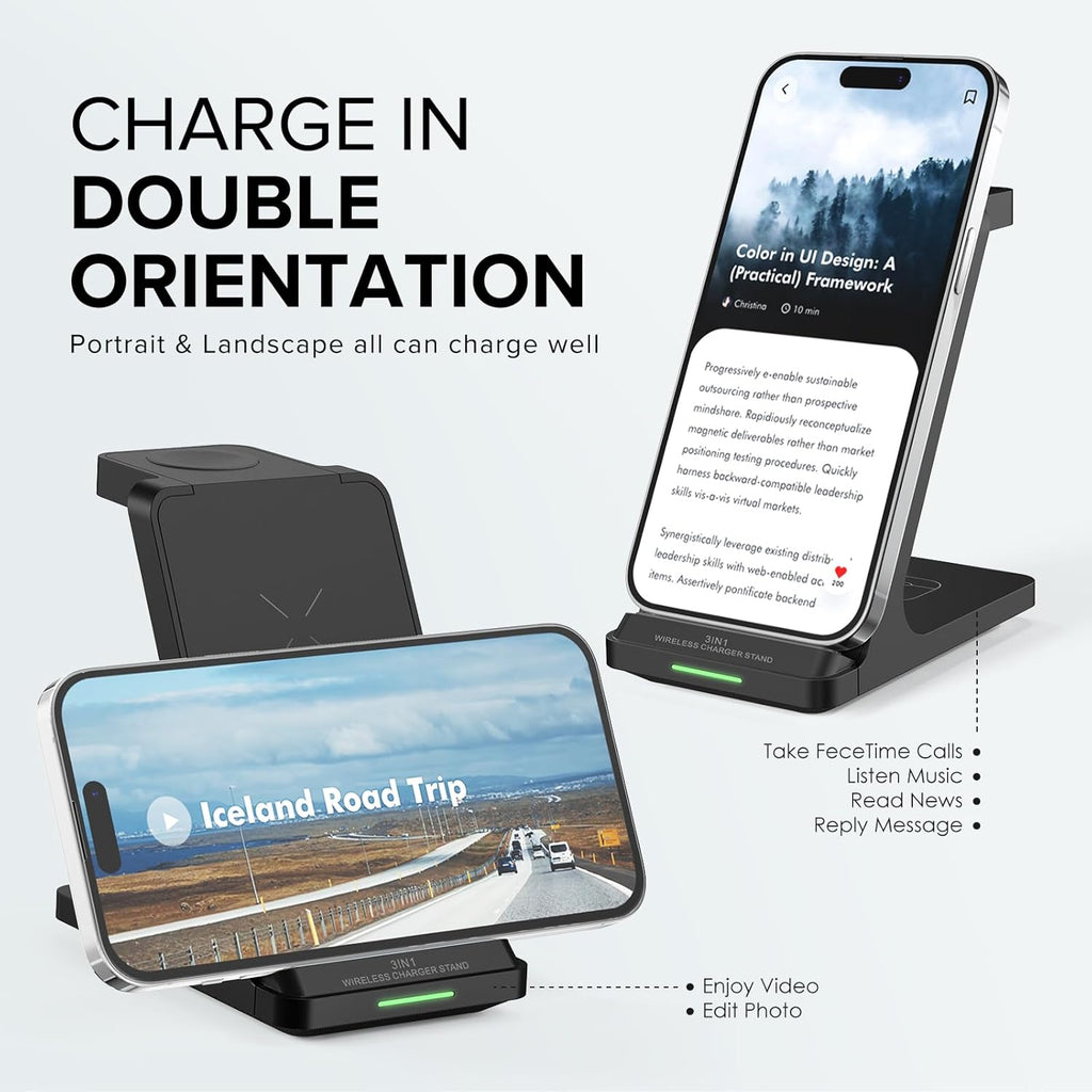 Wireless Charging Station, 3 in 1 Fast Wireless Charger Stand for Multiple Devices Apple Watch Ultra Series 11 10 9 8 7 6 SE 5 4 3 2, iPhone 17 16 15 14 13 12 11 Pro Max/Plus/Air/X/XS/XR, Airpods Pro