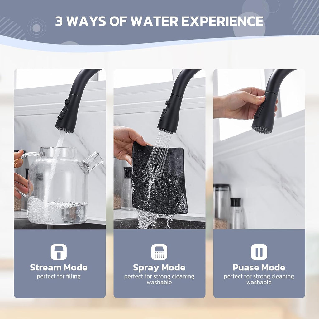 WEWE Black Kitchen Faucet with Soap Dispenser, Kitchen Sink Faucet with Pull Down Sprayer 3 Modes Stainless Steel Single Handle Single Hole Pull Out Matte Black Faucet for Bar Laundry RV Utility Sink
