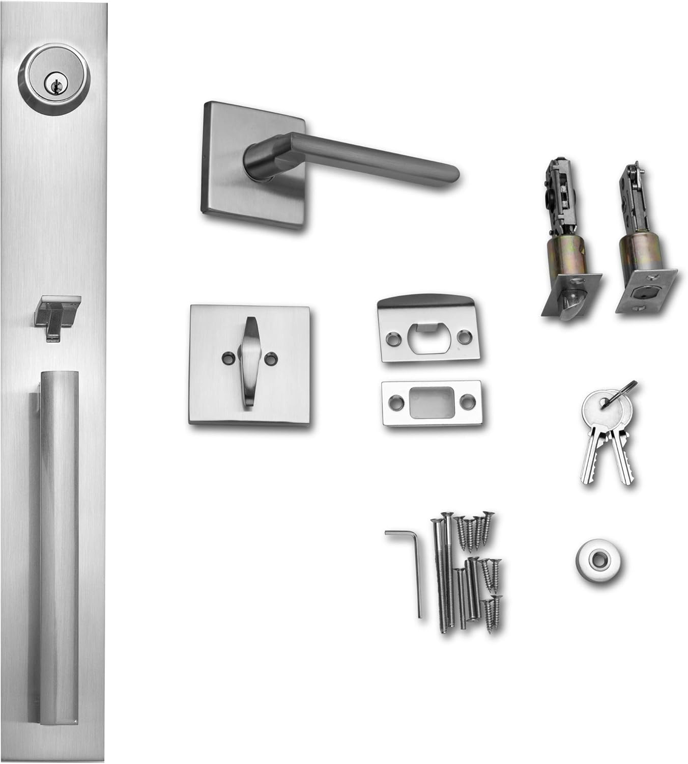 Berlin Modisch Full Escutcheon HandleSet Front Door Entry Handle and Deadbolt Lock Set Slim Square Single Cylinder Deadbolt and Lever Heavy Duty – Satin Nickel Finish