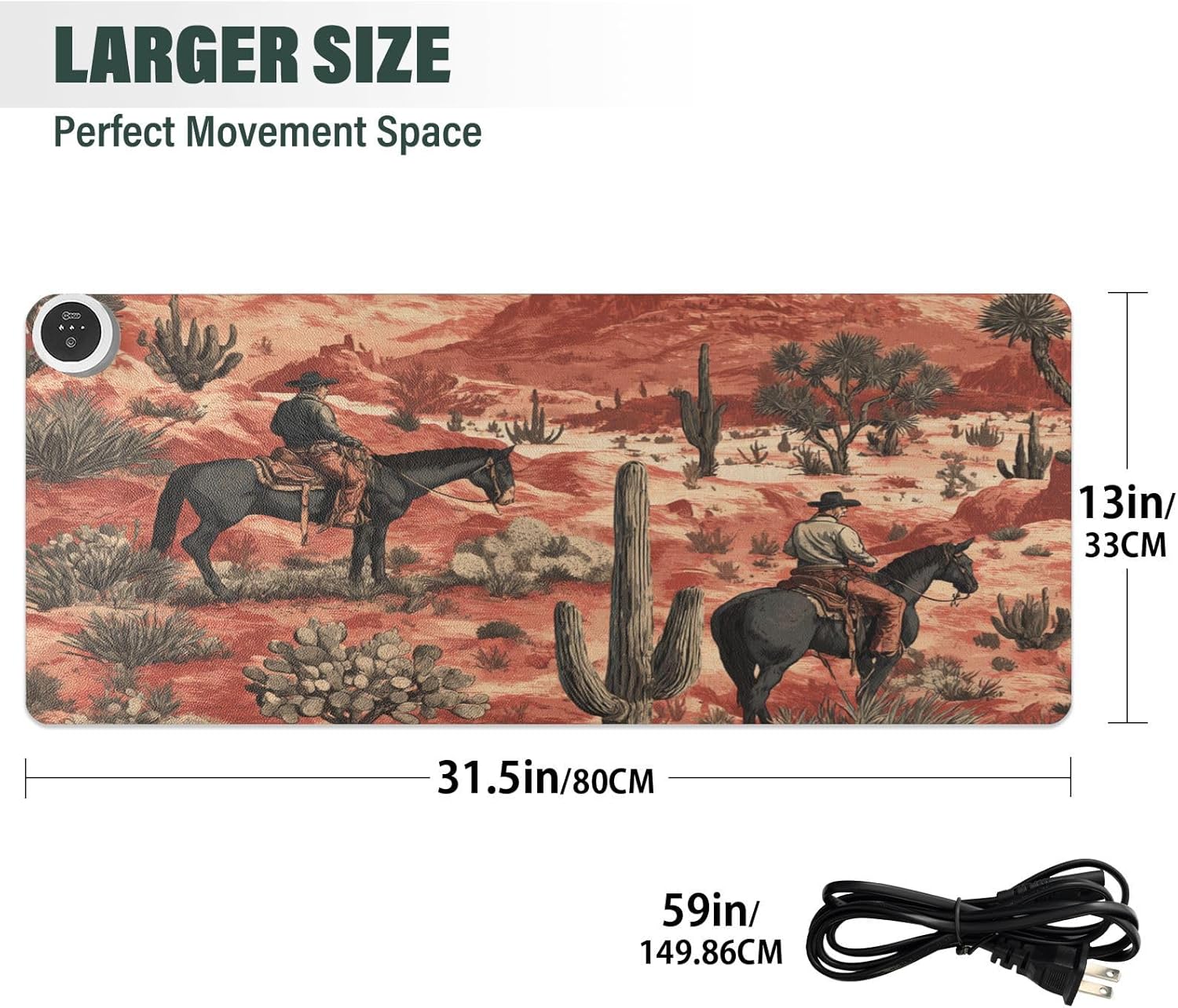 Heated Desk Pad Mouse Pad 31.5x13 Inch PU Leather Desk Mat with 3 Heat Levels Large Mouse Gaming Computer Laptop Mat Cowboys Horses Cactus Desert