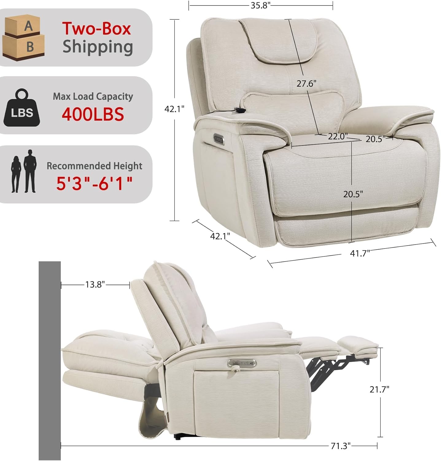 EONIX Triple Motor Lay Flat Zero Gravity Power Recliner Chair with Heat and Massage, Independent Adjustable Backrest Footrest Headrest, 400lbs Heavy Duty Medium Size, Stylish Chenille, Cream White