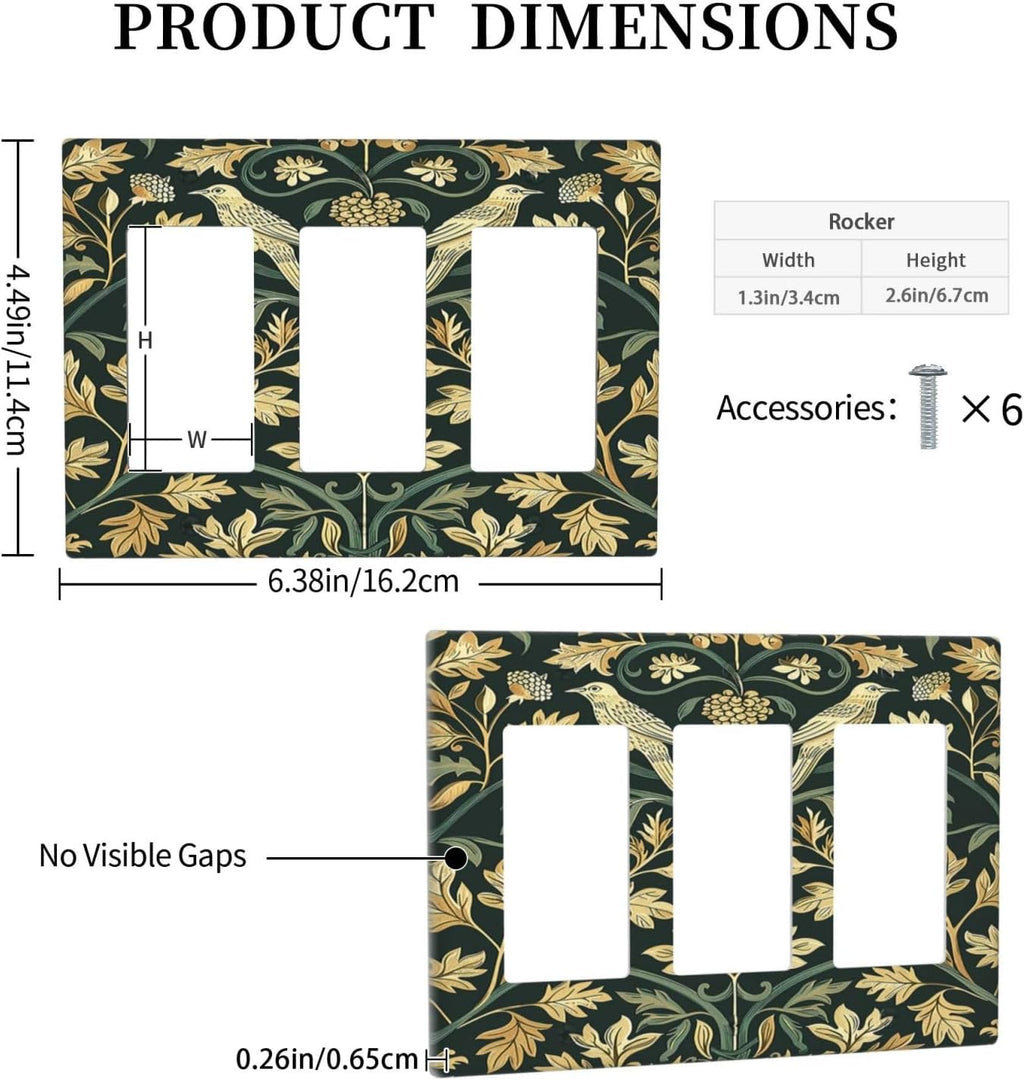Light Switch Covers William Morris Vintage Botanical Birds Golden Green Leaves 3 Gang Rocker Electrical GFCI Decorative Triple Outlet Wall Plate Cover Switchplate for Bedroom Home Decor