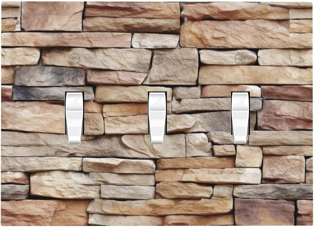 Decorative Switch Plates Stone Textured Brown Brick Natural Stone 3 Gang Wall Plate Triple Toggle Light Switch Cover Faceplate Electrical Wall Panels For Farmhouse Cabin Decor