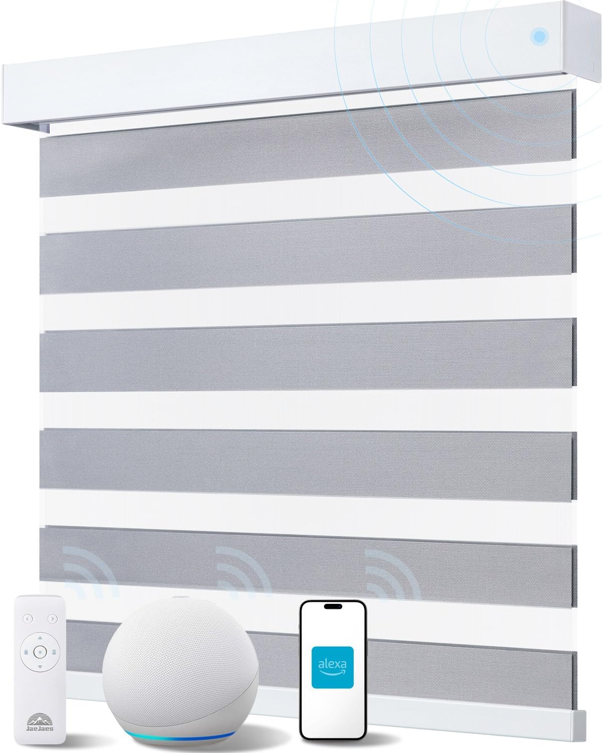 Smart Zebra Blinds for Windows, Alexa Motorized Blinds with Remote Control, Automatic Electric Power Zebra Shades for Indoor Windows (37" W x 72" H, Gray Fabric & White Shell)