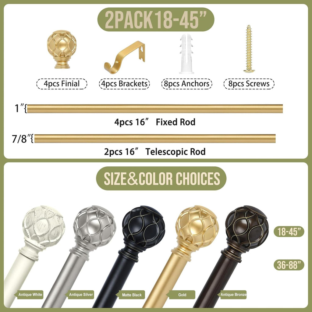 Gold Adjustable Curtain Rods for Windows:Farmhouse Heavy Duty Curtain Rod for Bedroom Living Room,Boho Decorative Rustic Drapery Rod with Vintage Coastal Texture Finial,Brass Gold 2Pack 18-45"