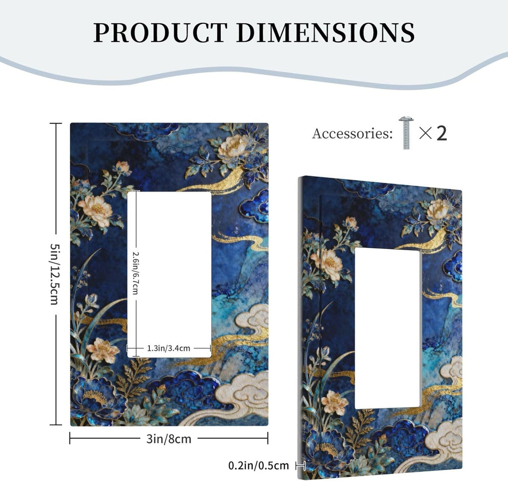 Decorative Outlet Covers Blue White Flower Gold Line Cloud 1 Gang Rocker Light Switch Cover Plate Single Wall Plates for Electrical Outlets Switch Plate Covers Faceplate for Home Decor
