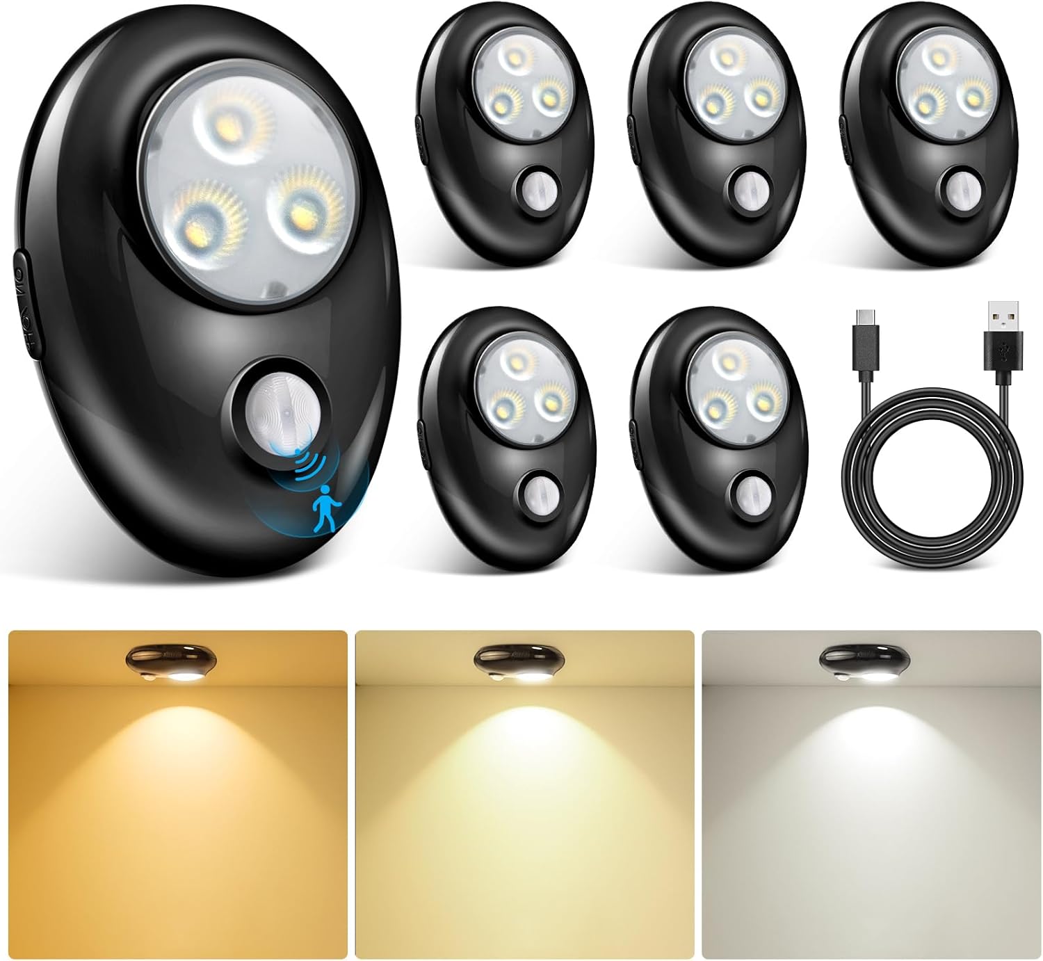 LightingWill Motion Sensor Puck Lights, Dimmable Under Cabinet Light, 3 Color Modes Closet Lights, Rechargeable Wireless Puck Lights for Kitchen, Closet, Stairs (6 Pack)
