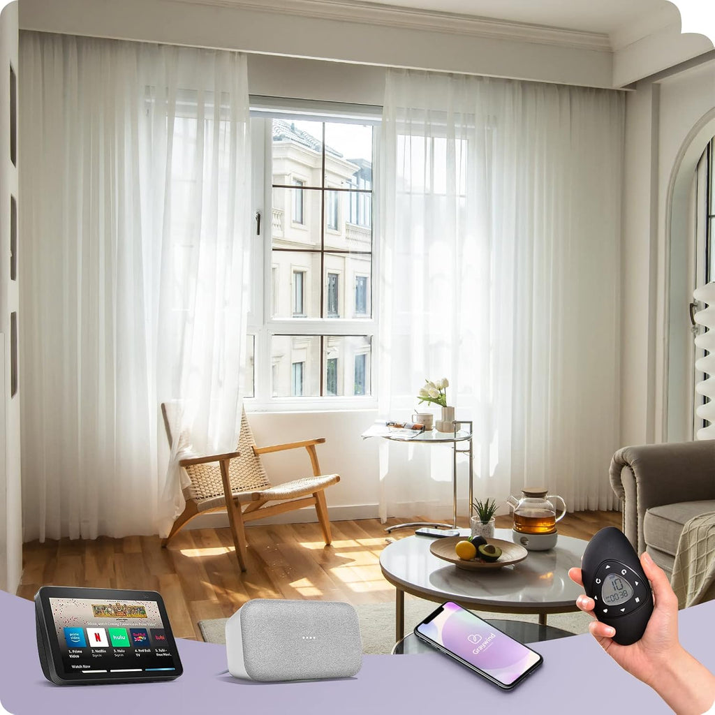 Graywind Rechargeable Smart Curtains Compatible with Alexa App Remote Control Motorized Drape for Sliding Door One-Way or Split Draw, Custom Width Up to 220" (Sheer Textured White)