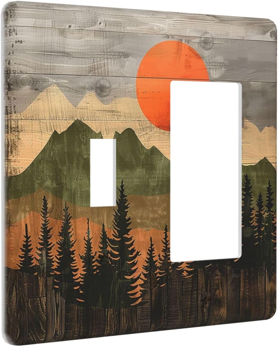 Outlet Covers Vintage Wood Grain Sun Forest Mountains 1 Toggle 1 Rocker Combination Decorative Wall Plate Electrical Switch Plates Light Switch Cover Plate for Farmhouse Cabin Decor