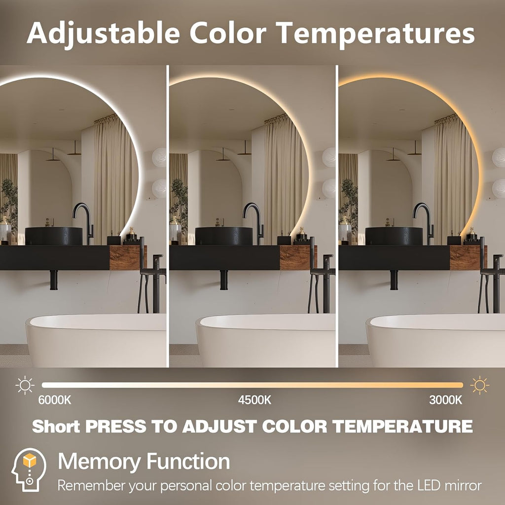 Niccy 40" Semicircular Wall Mounted Frameless LED Mirror, Modern Half Moon Design, Anti-Fog, Shatter-Proof, 3 Color Temperatures, Dimmable Light, Bathroom & Bedroom Use