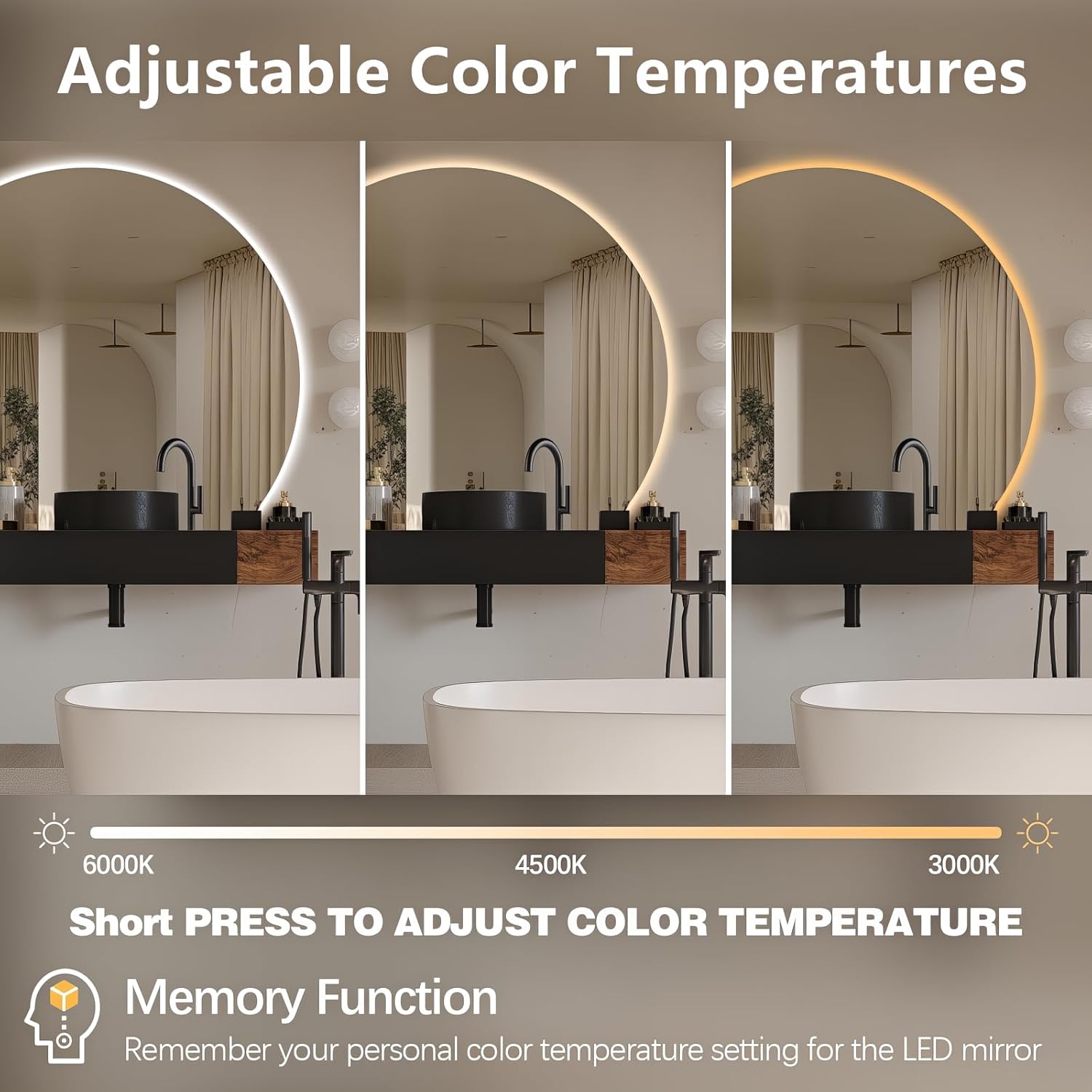 Niccy 40" Semicircular Wall Mounted Frameless LED Mirror, Modern Half Moon Design, Anti-Fog, Shatter-Proof, 3 Color Temperatures, Dimmable Light, Bathroom & Bedroom Use
