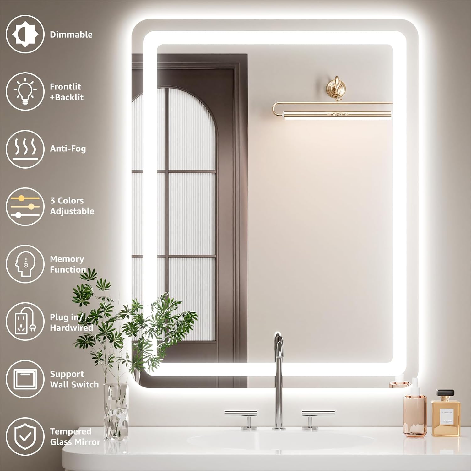40" x 30" Led Bathroom Mirror with Lights, Anti-Fog & Tri-Color Lighting - Wall Mounted Shaving Mirror with Touch Sensor, Waterproof & Smart LED Vanity Mirror,Tempered Glass, Dimmable Smart Mirror
