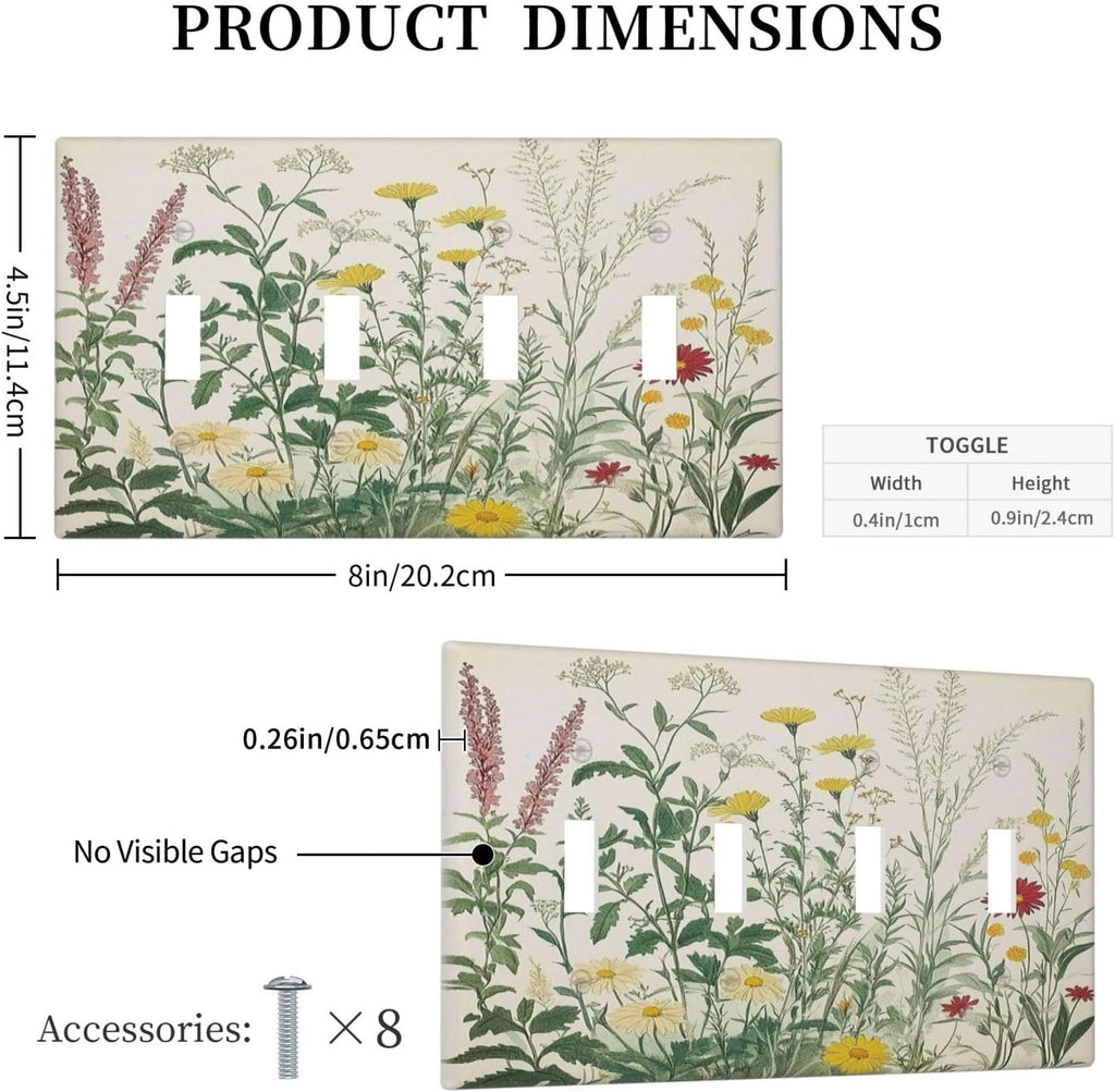 Rustic Wildflower Green Plants Daisy Floral Light Switch Covers Quad Toggle Electrical Faceplate 4 Gang Wall Plate Decorative Switch Plates For Farmhouse Bed Room Decor
