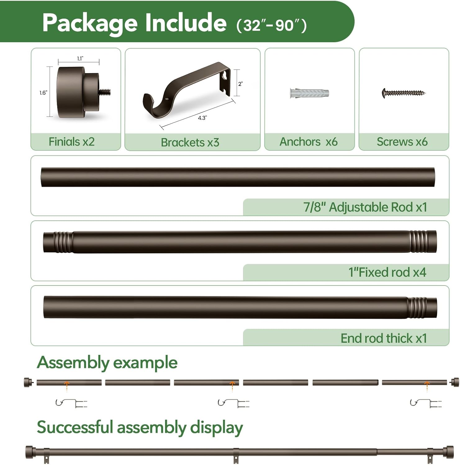 Curtain Rods for Windows 48 to 84, 1 Inch Adjustable Heavy Duty Long Window Drapery Rods with End Caps, Indoor Outdoor Curtain Rod for Patio Bedroom, Size 32" - 90", Antique Bronze