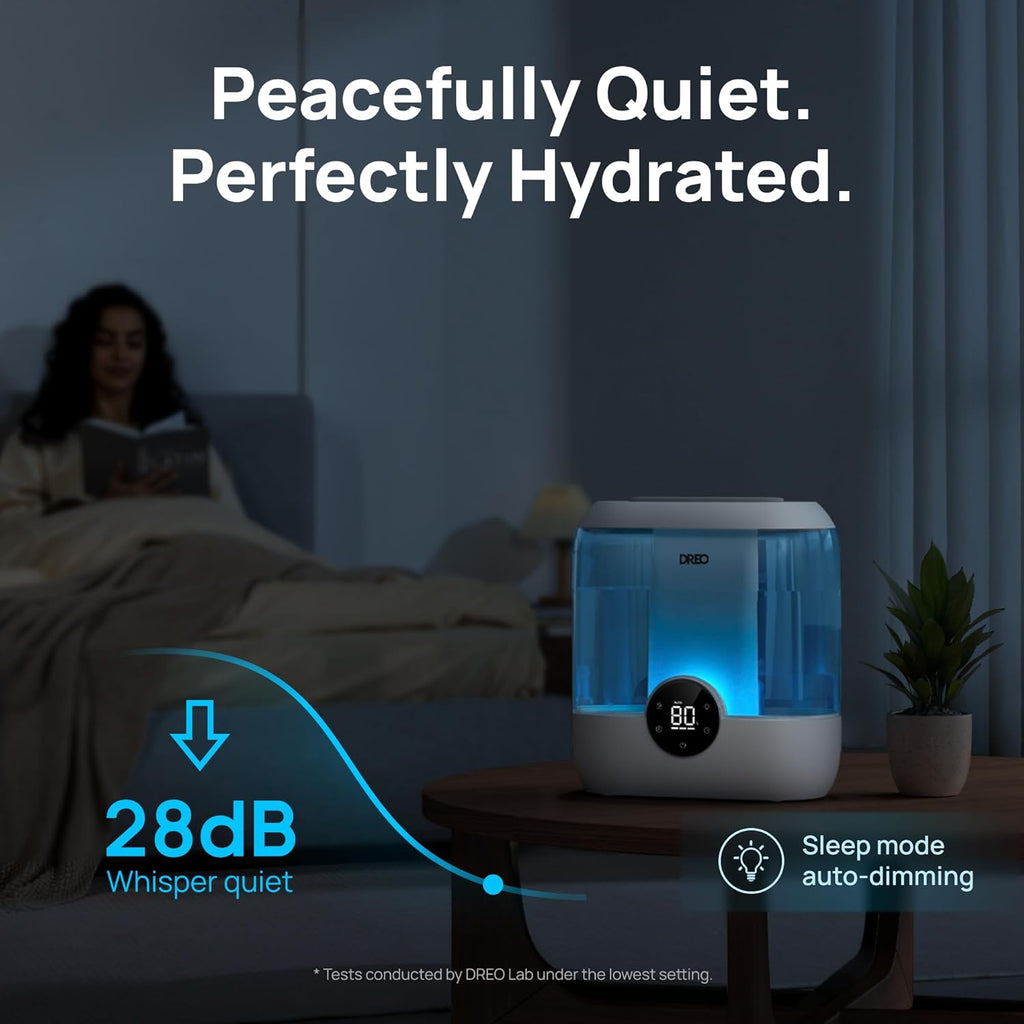 Dreo 6L Top Fill Humidifiers for Bedroom, 60H Runtime 28 dB Quiet Supersized Cool Mist Air Humidifiers for Large Room, Baby Nursery, Plant, Indoor, Night Light, Easy to Clean, Precise Humidity Control