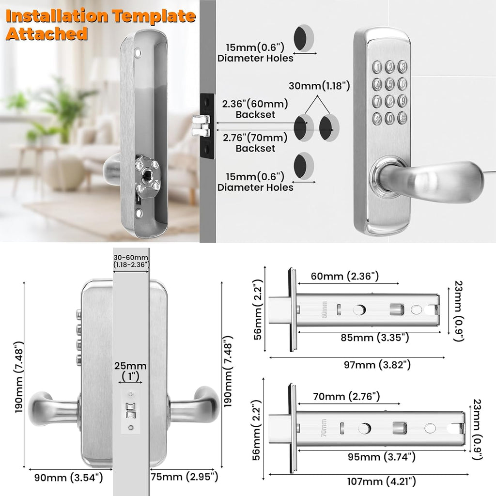 Stainless Steel Mechanical Keypad Entry Door Handle Lock,Commercial Keyless Push Button Code Door Lever,Single-Sided Combination &Interior Non-Locking,Exterior Auto-Lock,for Outdoor,Silver