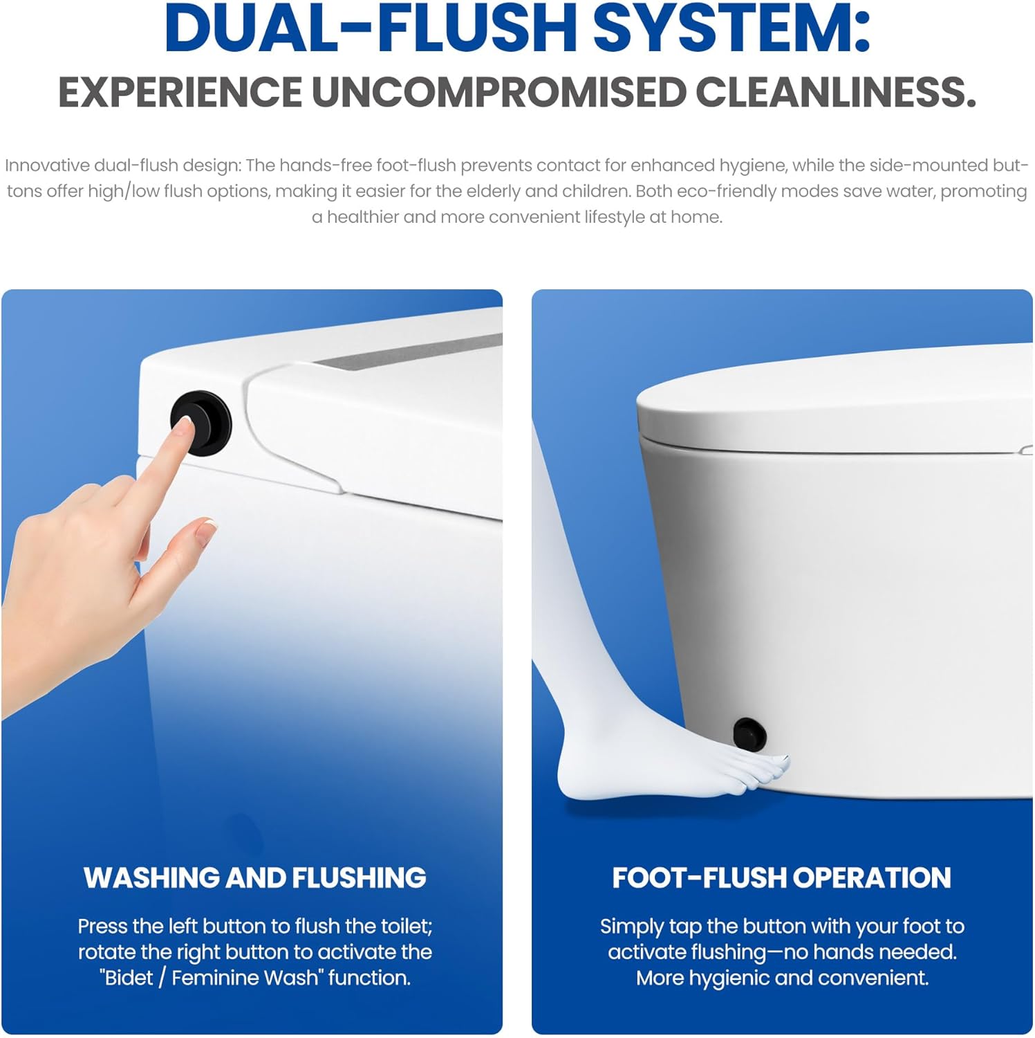 Smart Non-Electric Bidet Toilet - One-Piece Toilet with Dual Flush (Foot Pedal & Button) | Dual Nozzle Wash | Complete Installation Kit